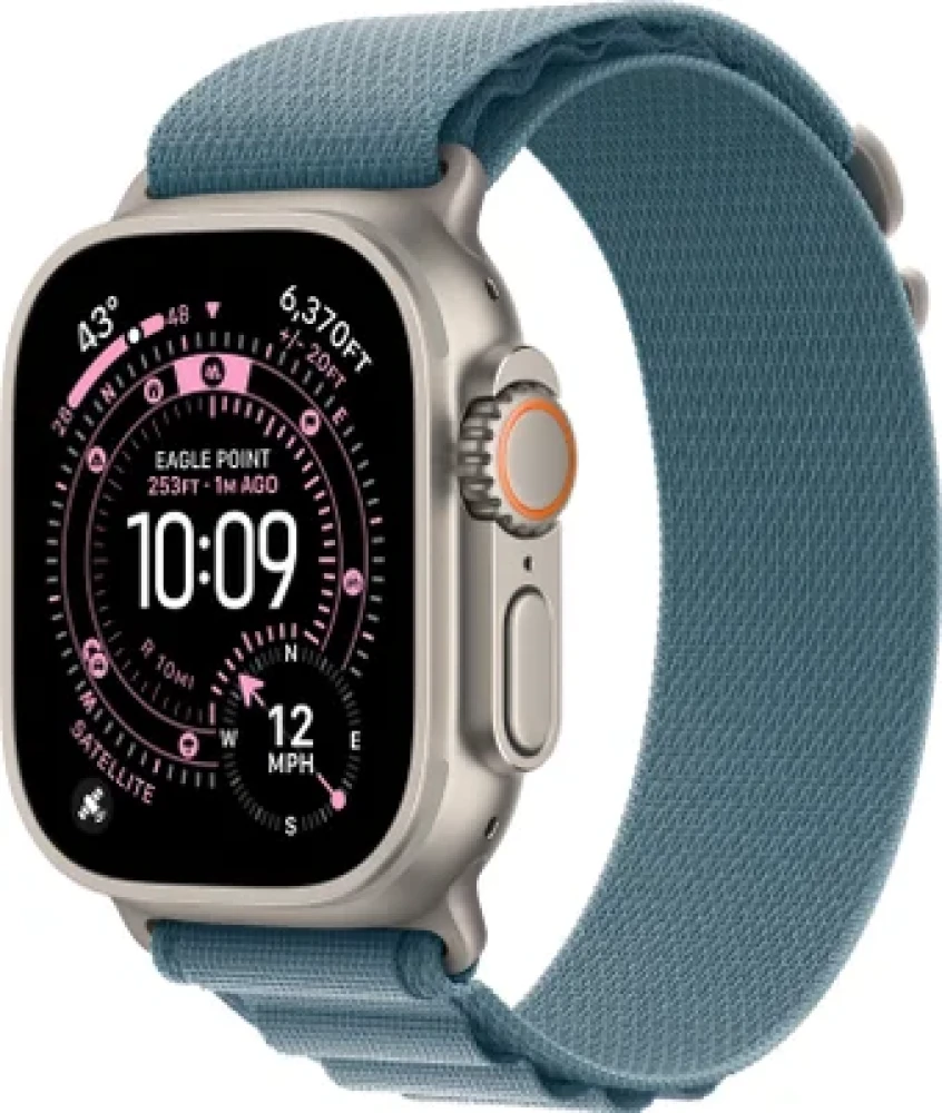 Умные часы Apple Watch Ultra 3 LTE 49 мм (титановый корпус, природный/голубой, текстильный ремешок размера L) - фото