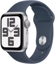 Умные часы Apple Watch SE 2023 40 мм (алюминиевый корпус, серебристый/грозовой синий, спортивный силиконовый ремешок) - фото