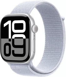 Умные часы Apple Watch Series 10 42 мм (алюминиевый корпус, серебристый/голубой, нейлоновый ремешок) - фото